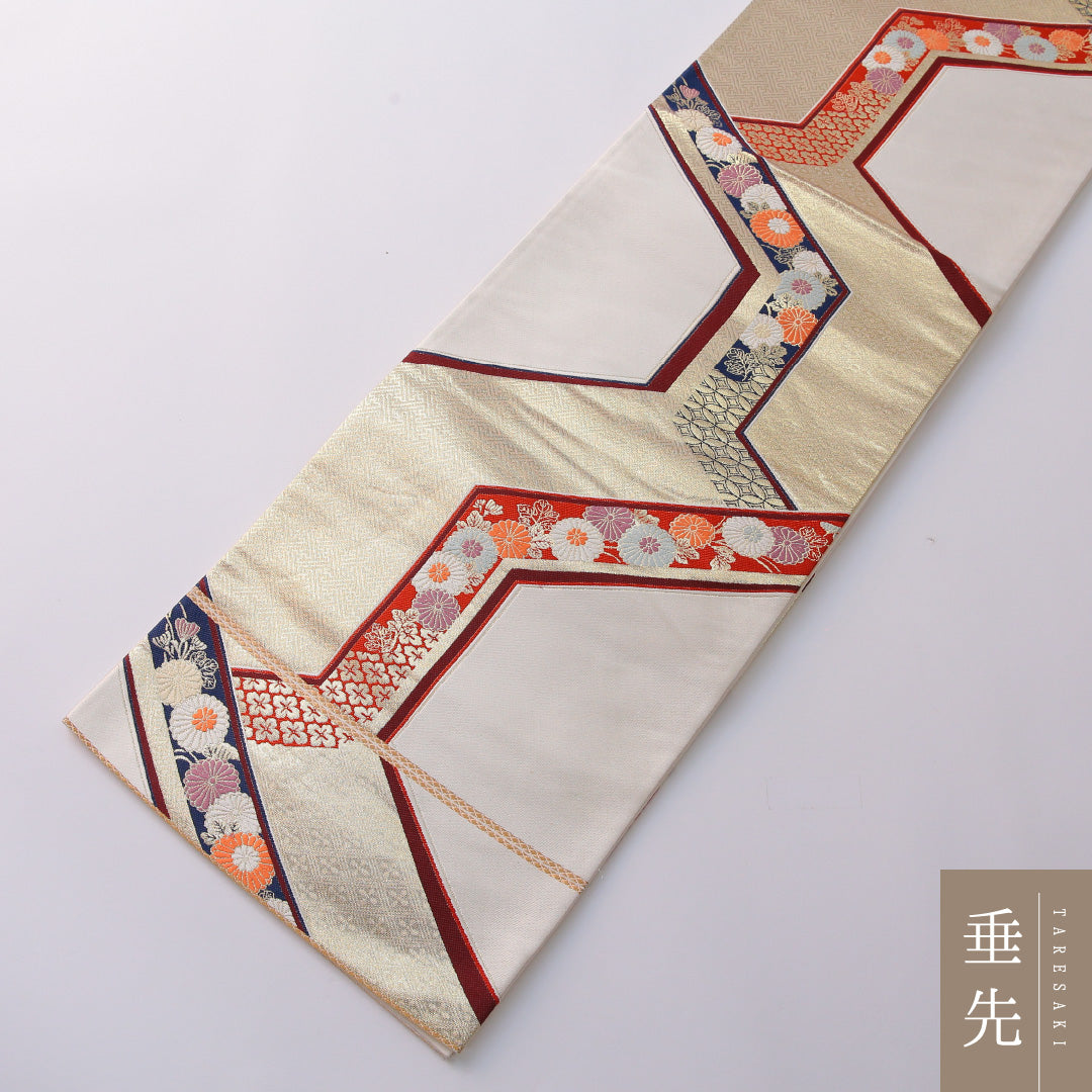 袋帯 帯丈432cm 正絹 六通 フォーマル 亀甲 吉祥文様 白系 金系 1243-01964