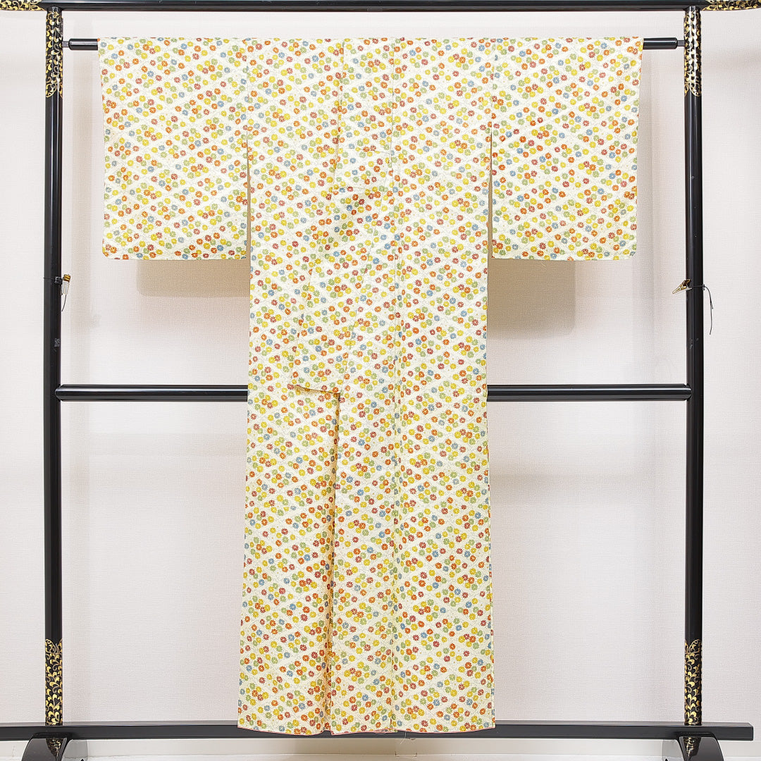小紋 袷 身丈152cm 裄丈62cm 正絹 Sランク Sサイズ 広衿 インフォーマル 唐菊 クリーム系 1215-15104