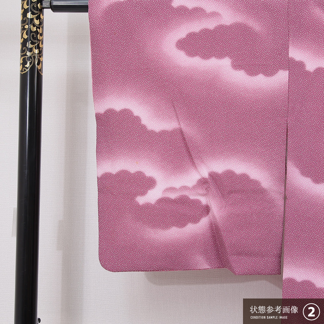 洗える着物 紬 袷 身丈157cm 裄丈64cm ポリエステル Bランク カジュアル 広衿 Mサイズ 雲取り ピンク系 HP 1223-15842