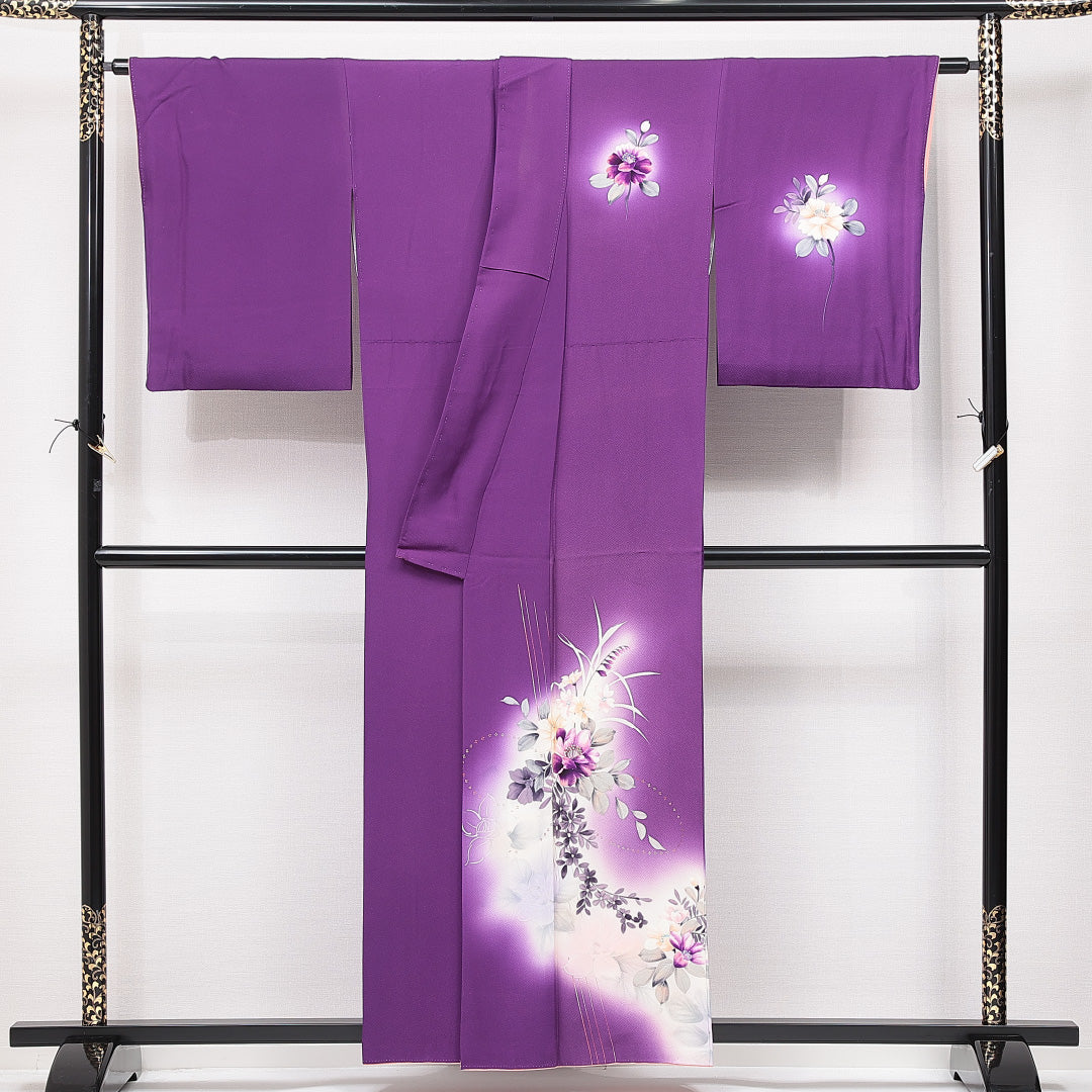 訪問着 袷 身丈157cm 裄丈65cm 正絹 Cランク セミフォーマル 広衿 Mサイズ ぼかし 椿 可憐 鮮やか 紫系 HP 1217-15075