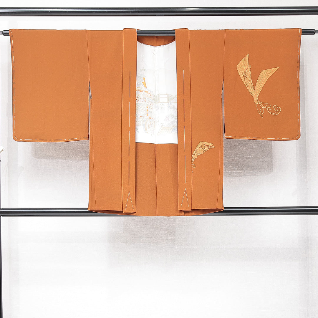 羽織 袷 身丈78cm 裄丈64cm 正絹 Aランク Mサイズ バチ衿 カジュアル 牡丹 茶系 1217-15137