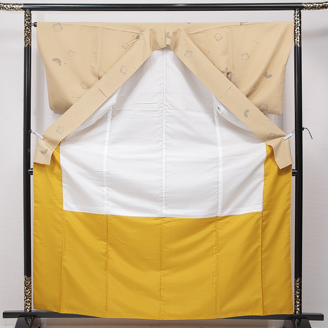 小紋 洗える着物 袷 身丈165cm 裄丈66cm ポリエステル Cランク XLサイズ 広衿 インフォーマル 簪 梅 茶系 ベージュ系 1215-15831