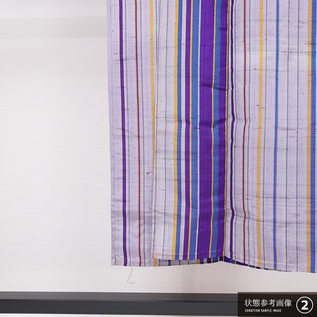 アンティーク 紬 単衣 身丈143cm 裄丈62cm 正絹 Aランク XSサイズ バチ衿 居敷当て 肩当て 縞 グレー系 紫系 1216-15106