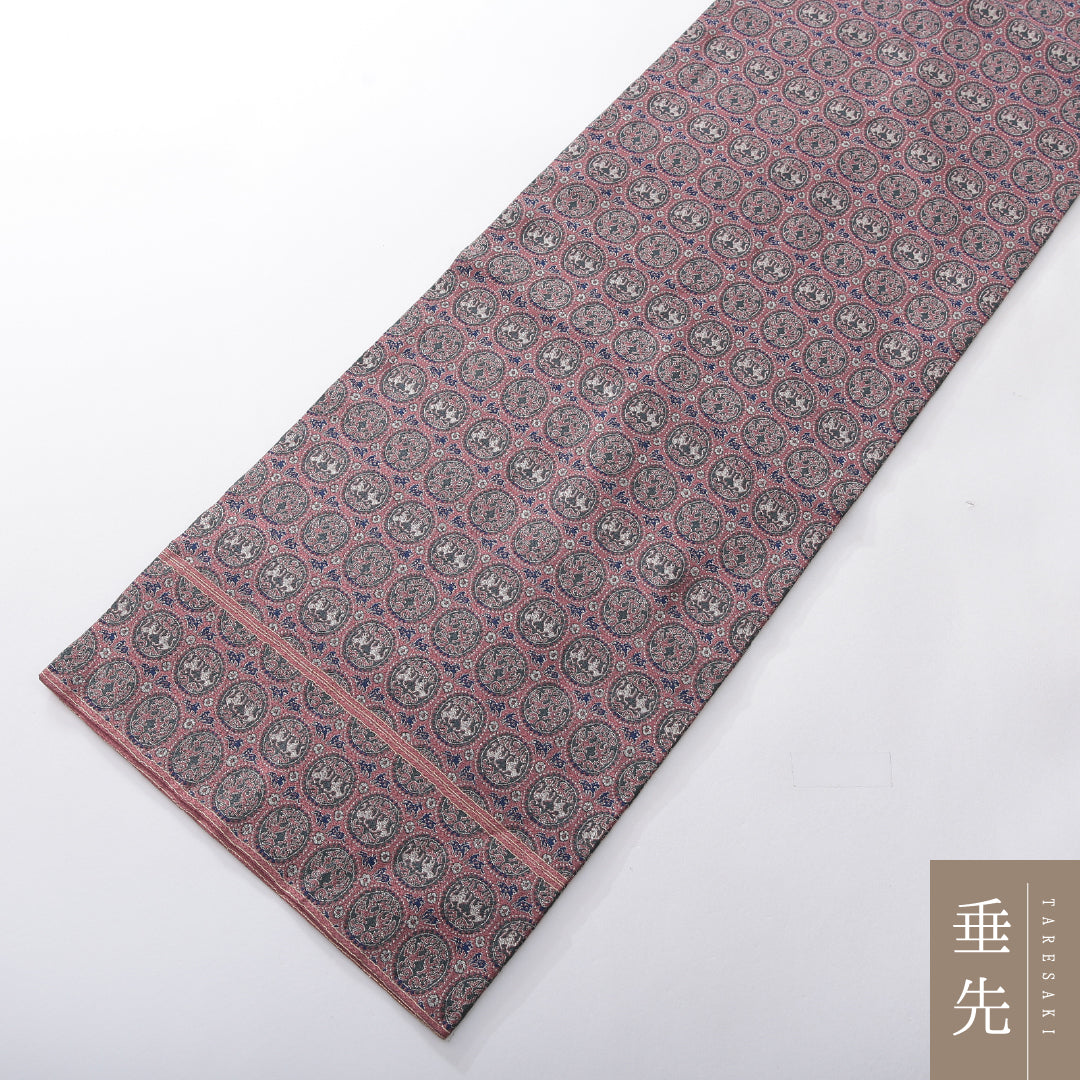 九寸名古屋帯 帯丈341cm インフォーマル 名古屋仕立て 全通 Sランク 正絹 樹下双獣文 ピンク系 1224-03905