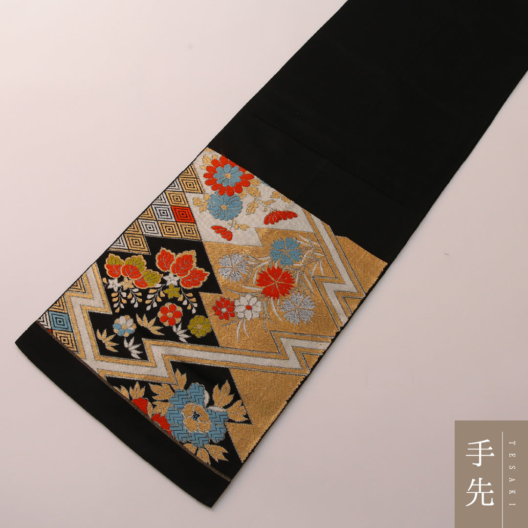 袋帯 帯丈412cm フォーマル 六通 未仕立て 帯芯なし Bランク 正絹 吉祥文様 松皮菱 黒系 金系 1223-01892