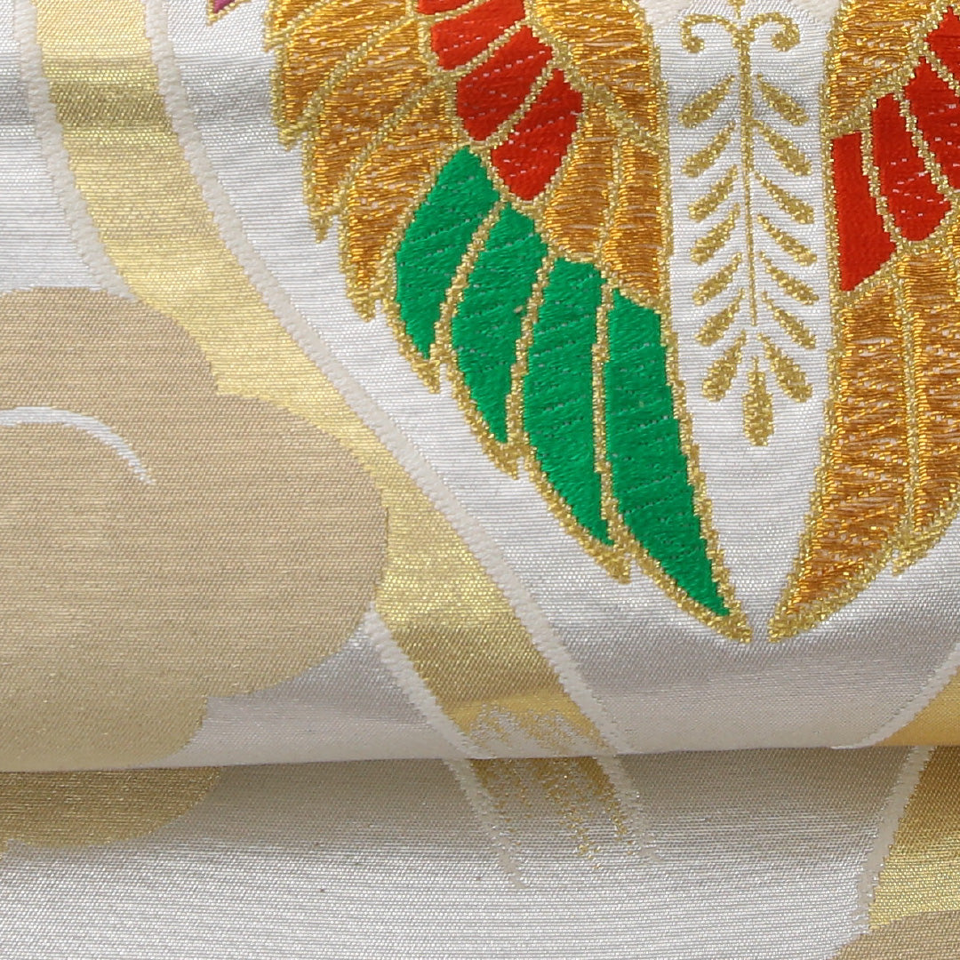 袋帯 帯丈420cm フォーマル 六通 帯芯なし Sランク 正絹 向かい鳥 よろけ縞 白系 1223-02245