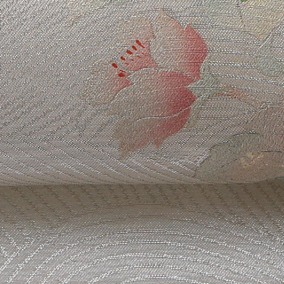 九寸名古屋帯 帯丈353cm セミフォーマル 名古屋仕立て ポイント柄 Aランク 正絹 相良刺繡 牡丹 銀系 1224-03503