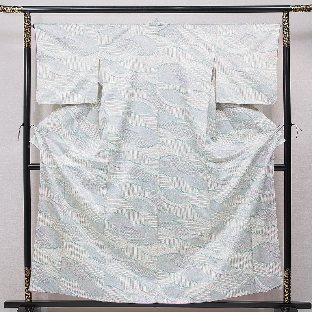 小紋 洗える着物 袷 身丈158cm 裄丈66cm ポリエステル Cランク Mサイズ バチ衿 インフォーマル 吉祥文様 グレー系 1215-15785