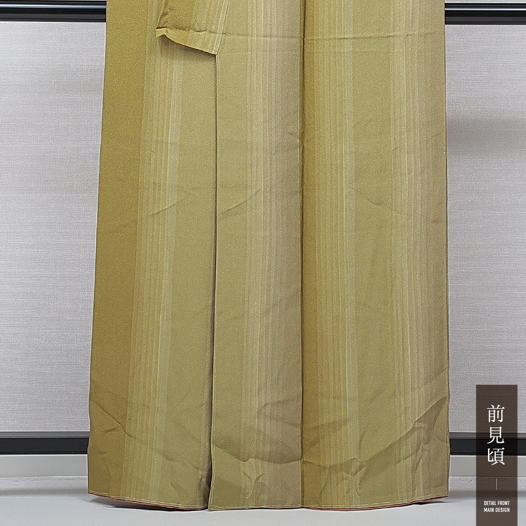 小紋 袷 身丈160cm 裄丈66cm 正絹 Sランク インフォーマル 広衿 Lサイズ 縞 緑系 RP 1221-15723
