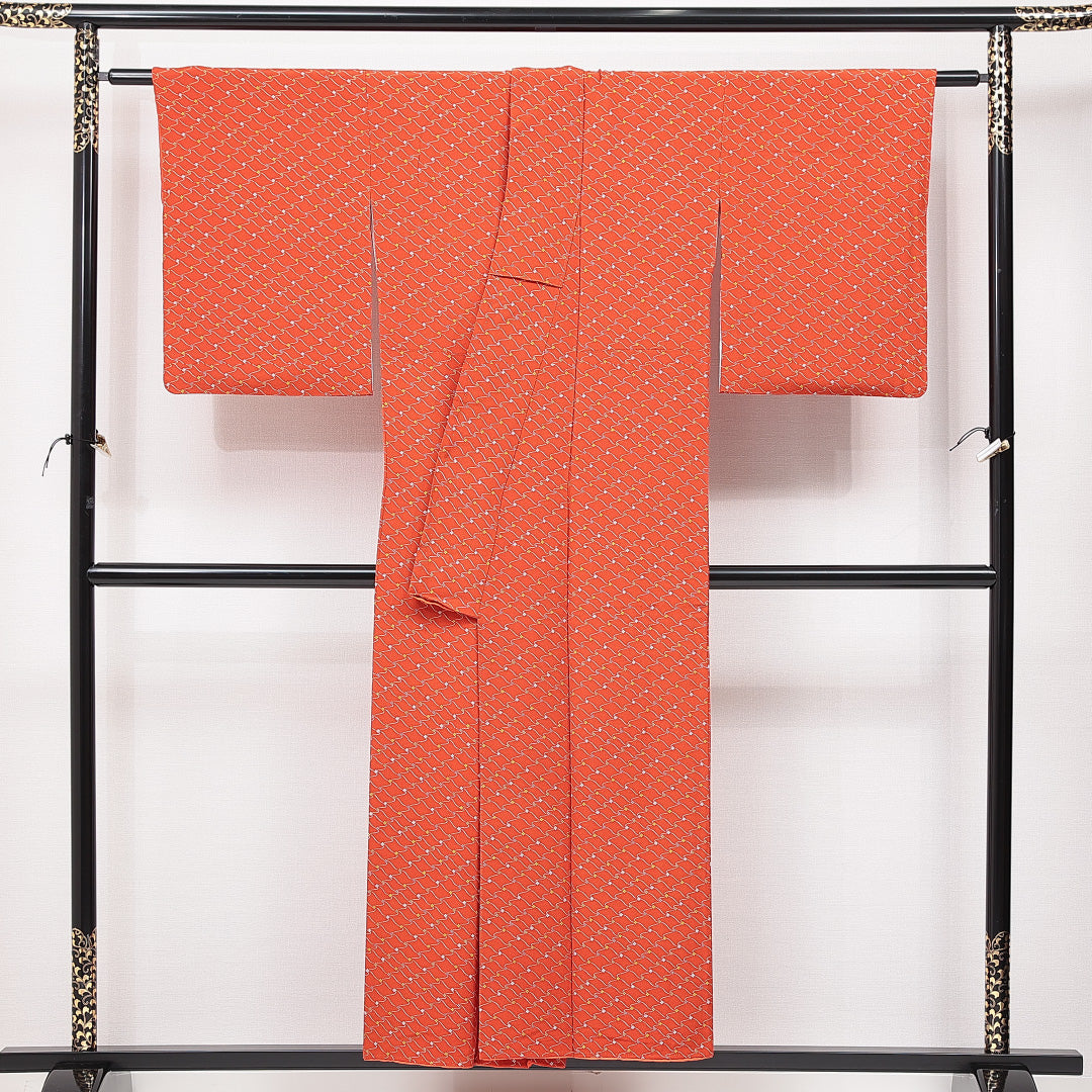 小紋 袷 身丈151cm 裄丈62cm 正絹 Sランク インフォーマル 広衿 Sサイズ 花柄 朱系 RP 1221-15079
