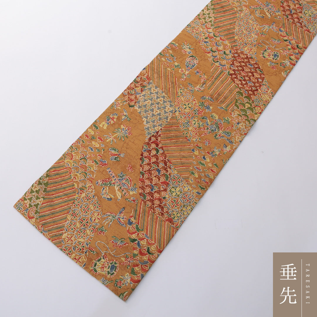 九寸名古屋帯 帯丈353cm カジュアル 名古屋仕立て 全通 Sランク 正絹 扇 黄系 茶系 1224-03275