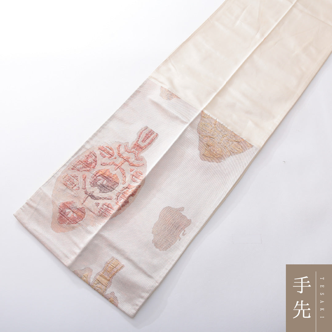 袋帯 帯丈416cm 正絹 六通 帯芯なし インフォーマル ふくれ織 創作柄 ピンク系 1243-02171