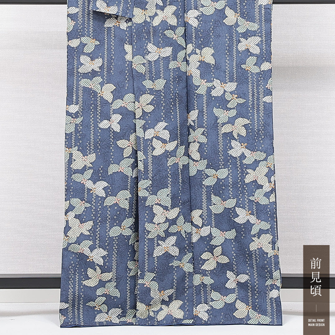 小紋 洗える着物 袷 身丈164cm 裄丈66cm ポリエステル Sランク Lサイズ 広衿 インフォーマル ふくれ織 鹿の子柄 花柄 紺系 1215-15102
