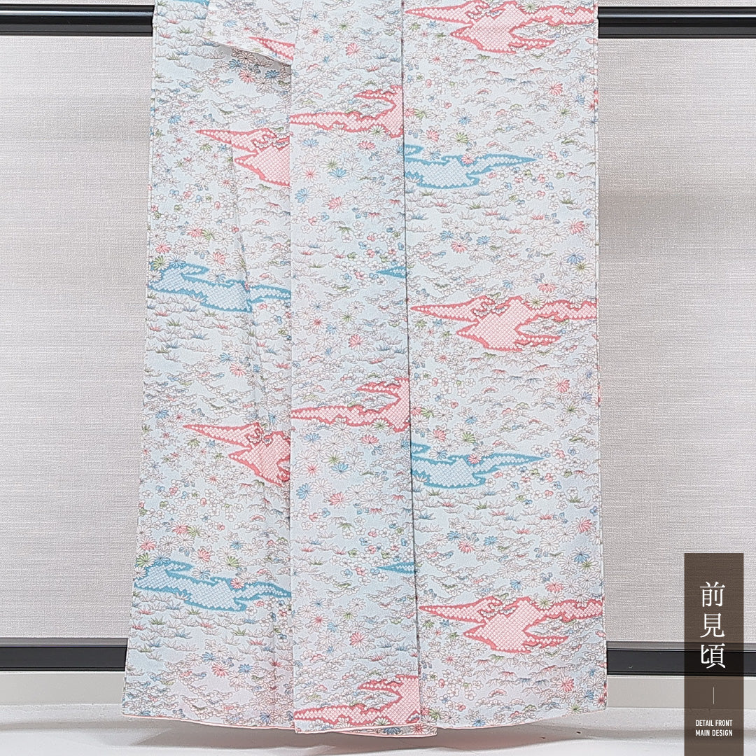 小紋 洗える着物 袷 身丈159cm 裄丈63cm ポリエステル Sランク Mサイズ 広衿 インフォーマル 菊 笠松 水色系 1215-15808