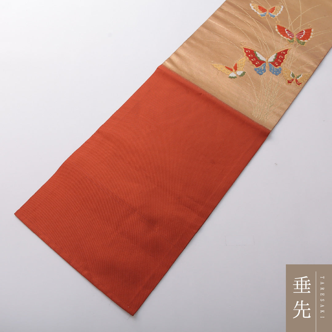 アンティーク 九寸名古屋帯 帯丈366cm カジュアル 名古屋仕立て ポイント柄 Dランク 正絹 蝶 朱系 金系 1224-03521
