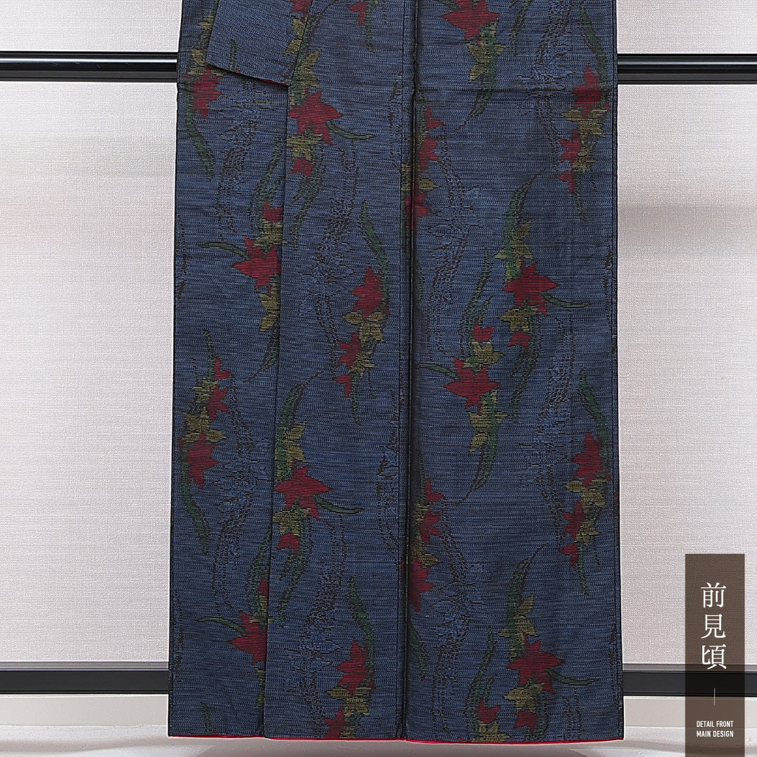 大島紬 袷 身丈159cm 裄丈65cm 正絹 Aランク インフォーマル 広衿 Mサイズ 花柄 紺系 RP 1223-15038