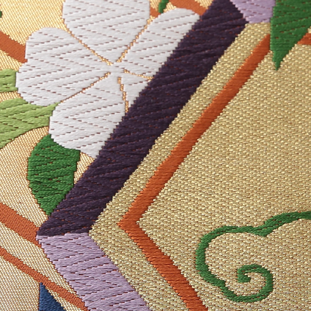 新古品 袋帯 帯丈428cm 珀寿錦 セミフォーマル 六通 Nランク 正絹 植物柄 落款 しつけ糸 青系 1223-02082