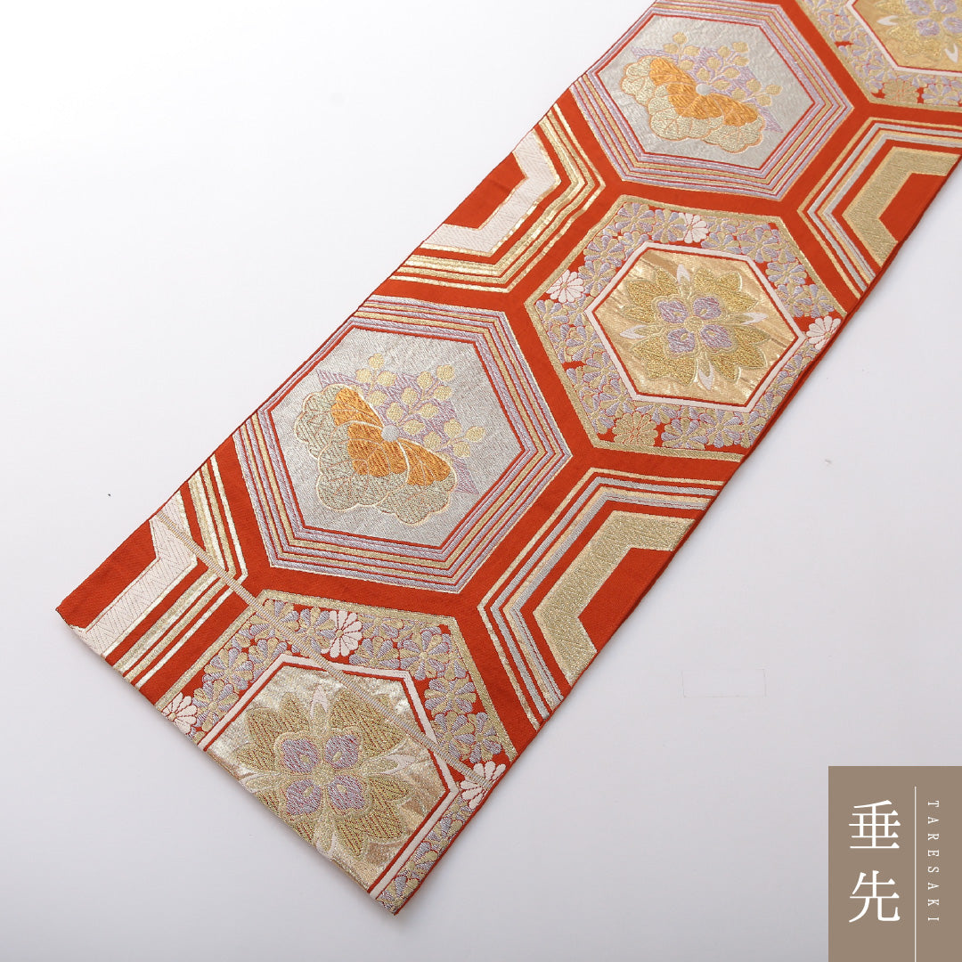アンティーク 袋帯 帯丈412cm 六通 Aランク 正絹 家紋柄 亀甲 朱系 1223-02075