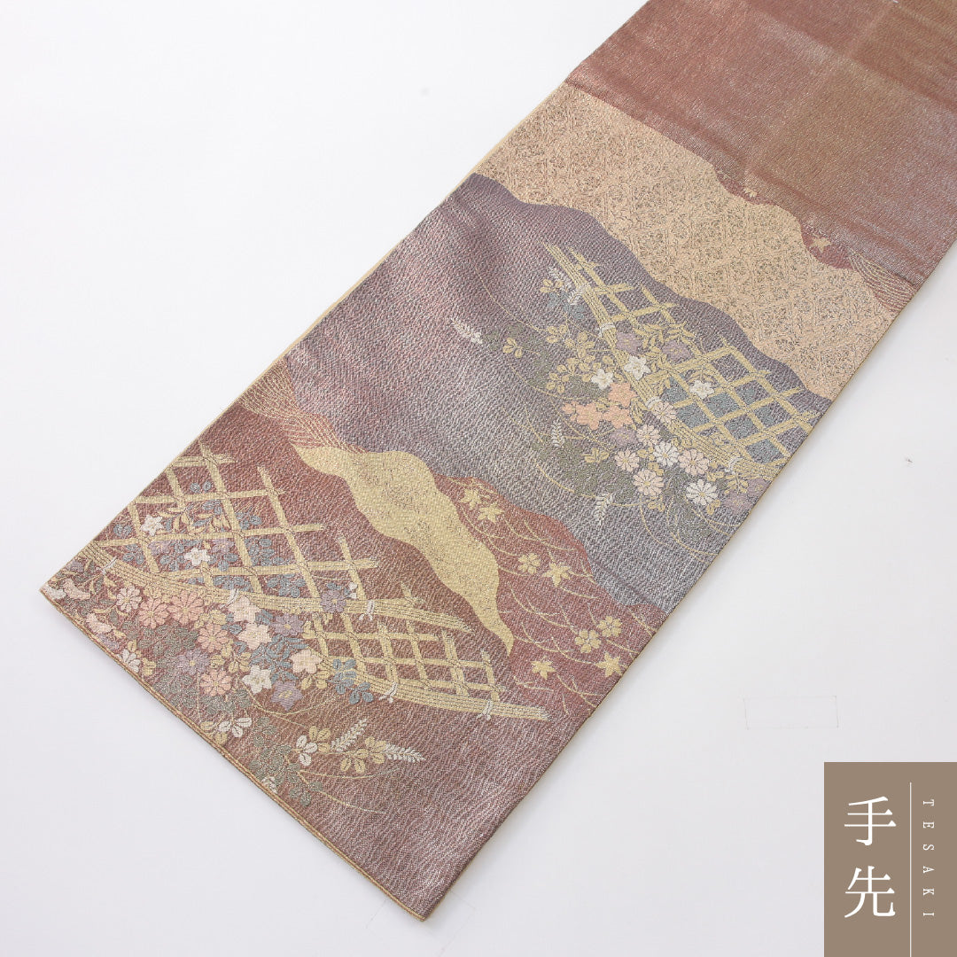 袋帯 帯丈434cm 正絹 六通 帯芯なし フォーマル 綴れ織 琳派 光悦垣 四季山野 多色系 1243-02227