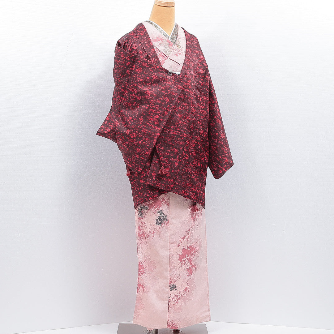 洗える着物 道中着 袷 身丈83cm 裄丈65cm ポリエステル Sランク セミフォーマル Mサイズ 紐あり 抽象柄 赤系 RP 1236-16458