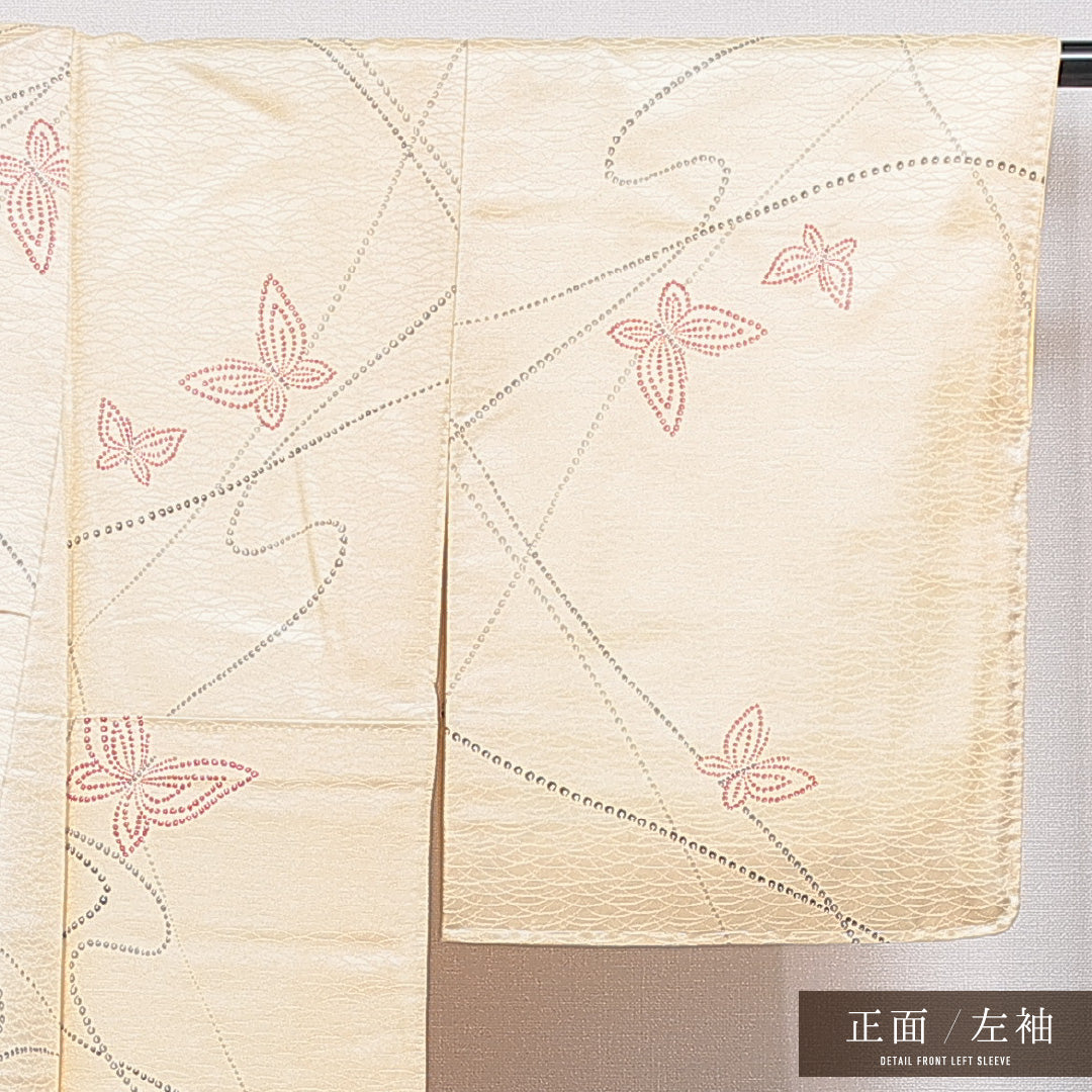 洗える着物 小紋 袷 身丈154cm 裄丈62cm ポリエステル Cランク インフォーマル 広衿 Sサイズ 蝶 クリーム系 LP 1221-16308