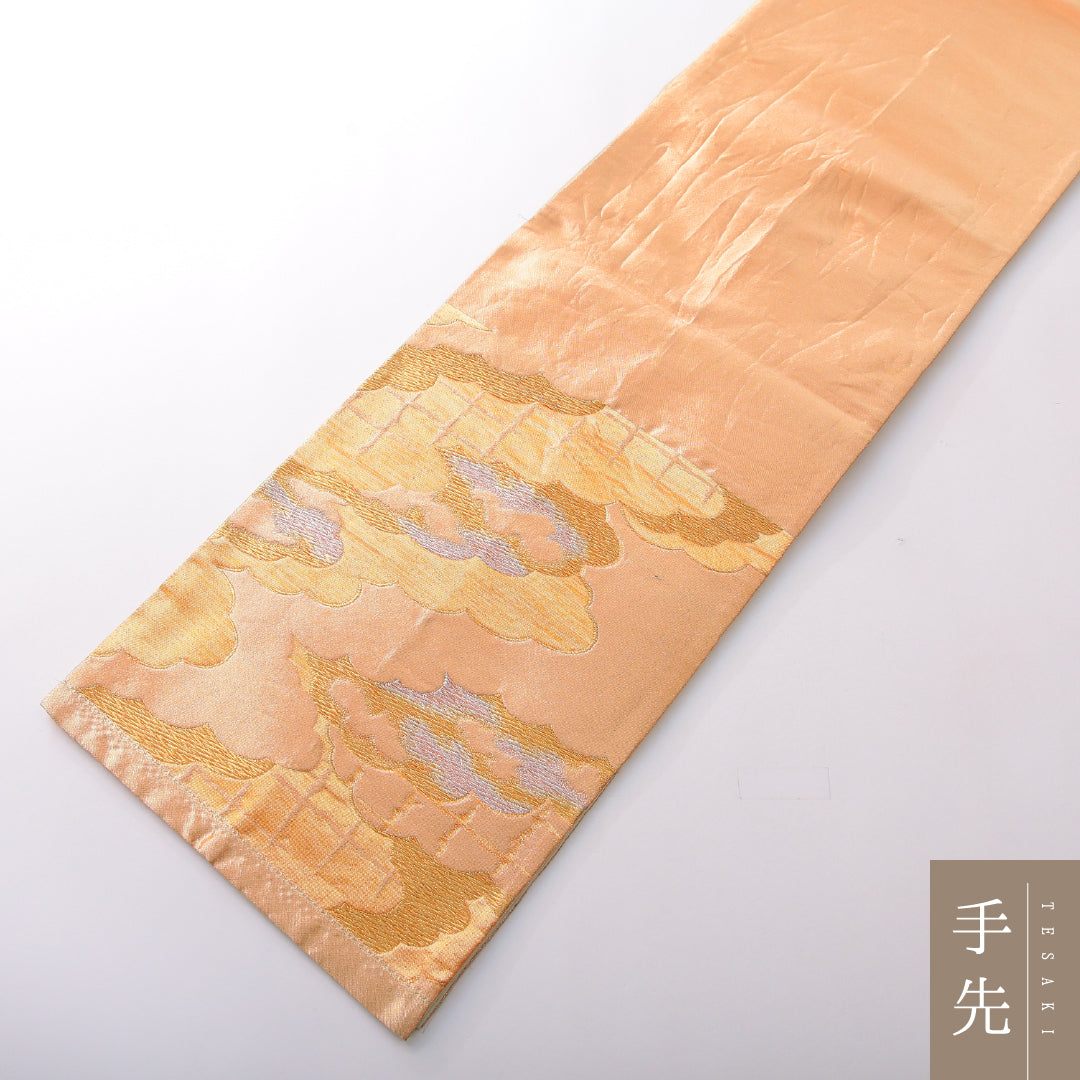 袋帯 帯丈400cm 正絹 六通 フォーマル 雲取り 吉祥文様 金系 朱系 1243-02122