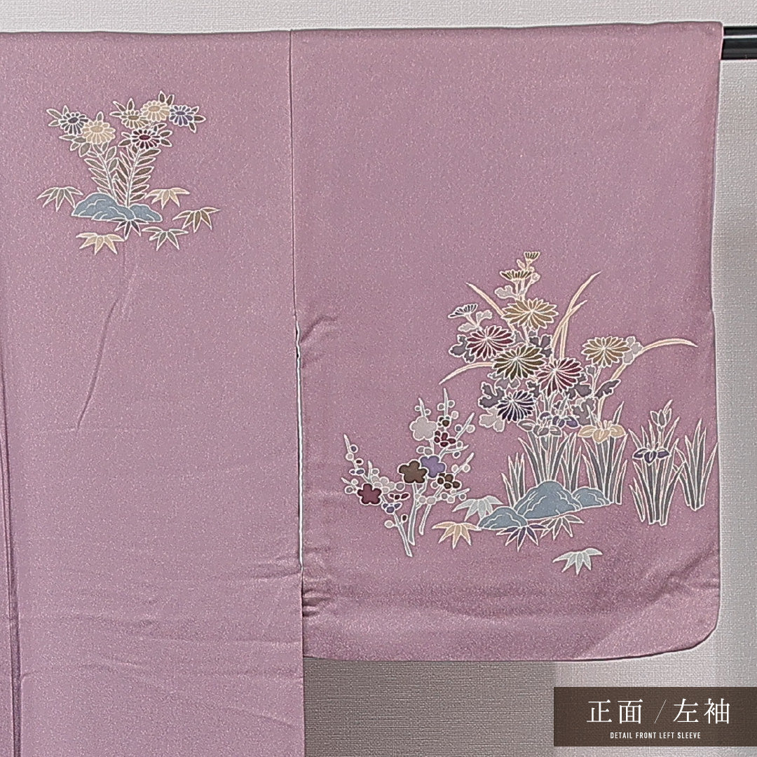訪問着 袷 身丈172cm 裄丈63cm 正絹 Cランク セミフォーマル バチ衿 2XLサイズ 菊 笠松 紫系 HP 1217-15195