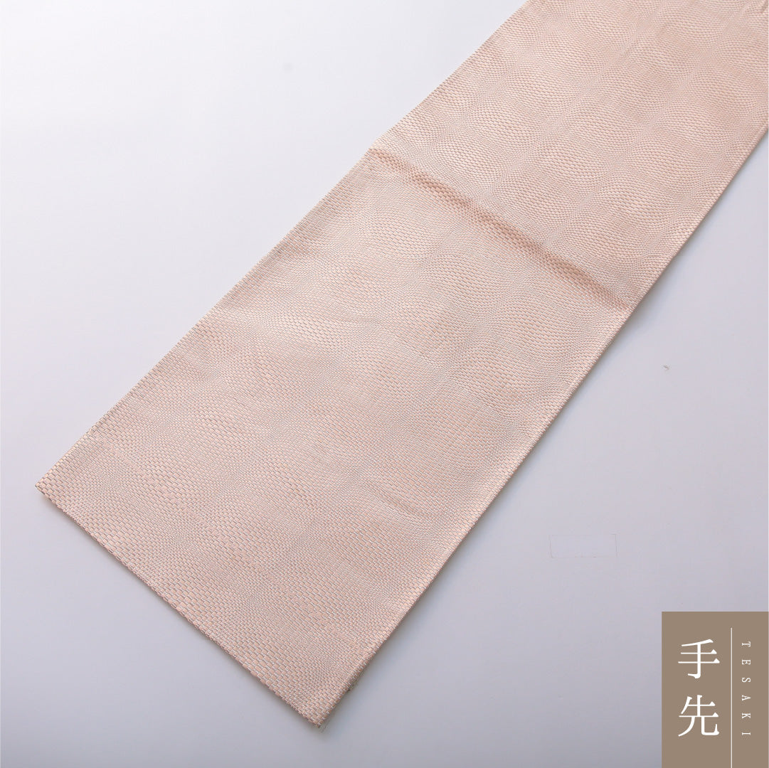 九寸名古屋帯 帯丈374cm カジュアル 開き仕立て 全通 リバーシブル Cランク 正絹 幾何学柄 クリーム系 1224-03402