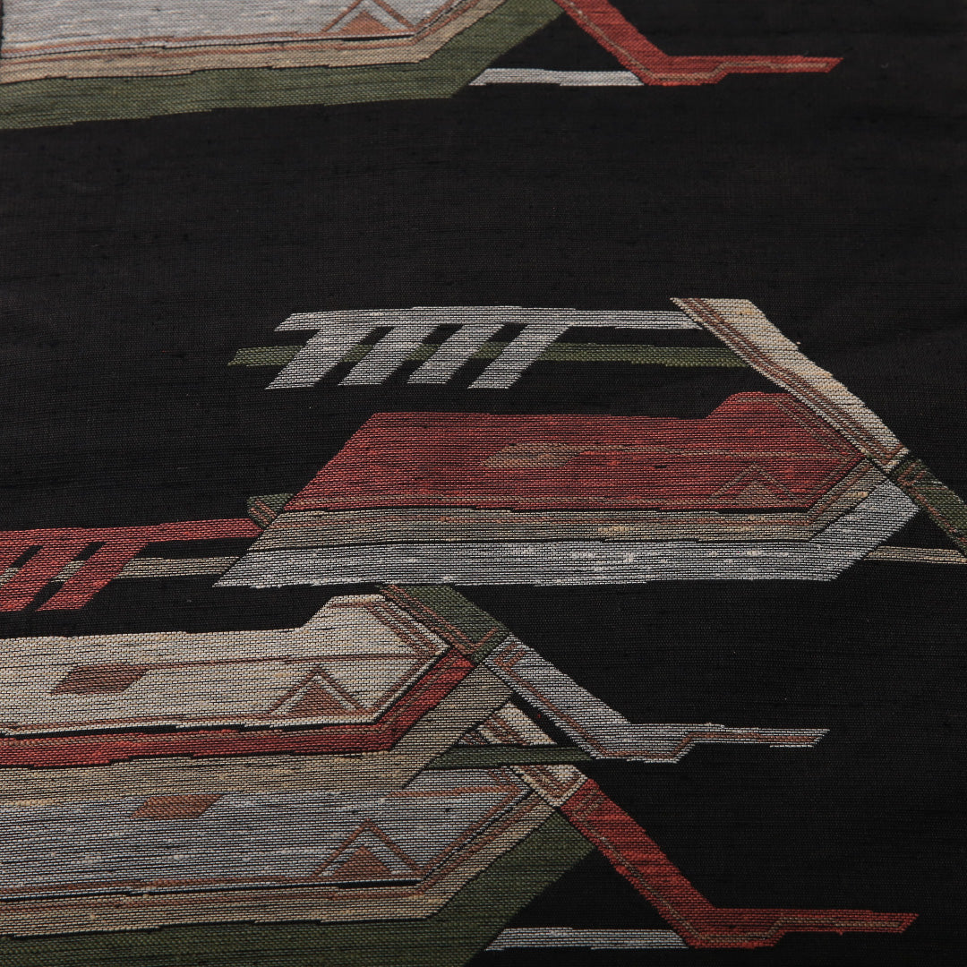 八寸名古屋帯(紬) 帯丈360cm カジュアル 名古屋仕立て 六通 帯芯なし Aランク 正絹 創作柄 黒系 1224-03504