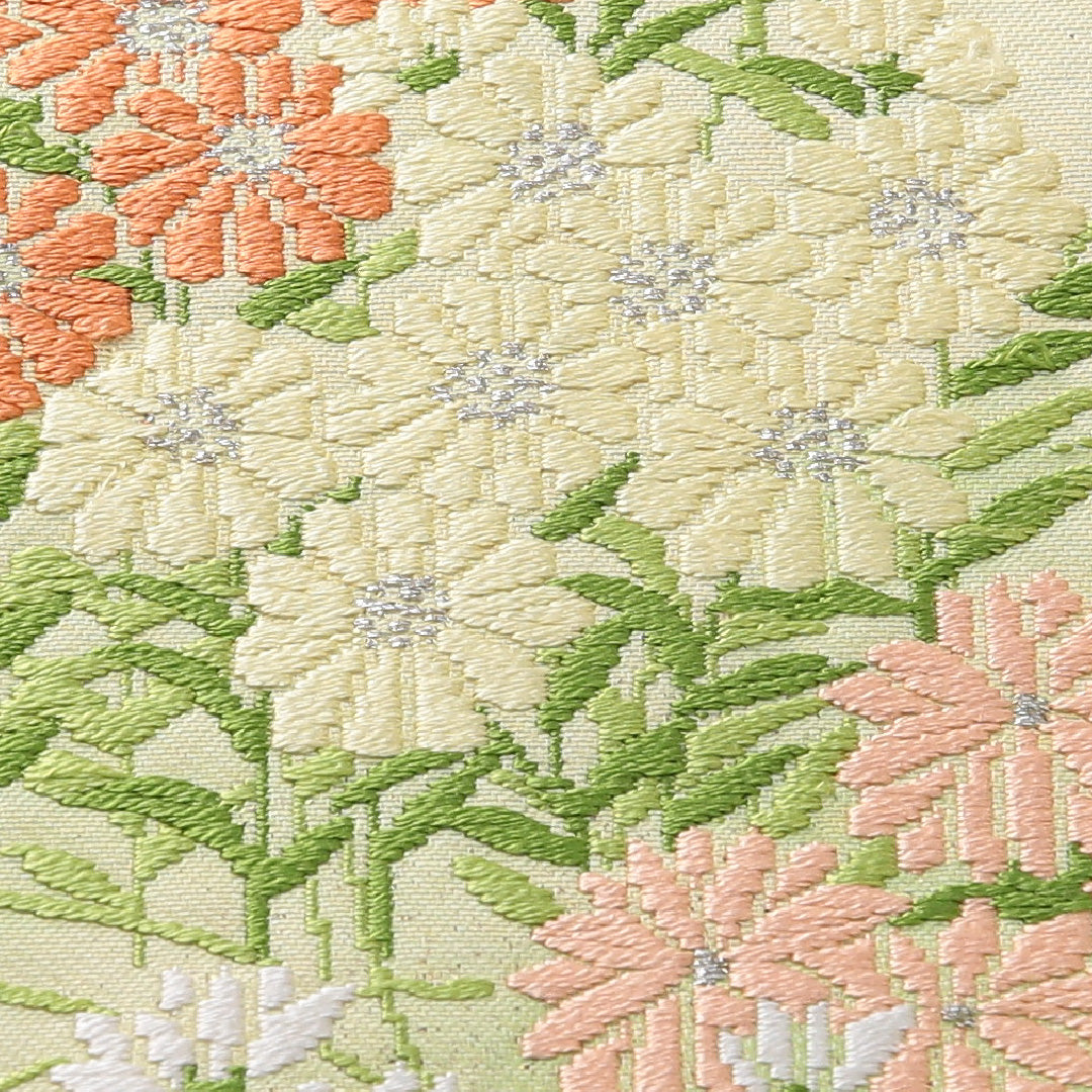 九寸名古屋帯 帯丈344cm カジュアル 名古屋仕立て ポイント柄 Cランク 正絹 菊 緑系 1224-03766