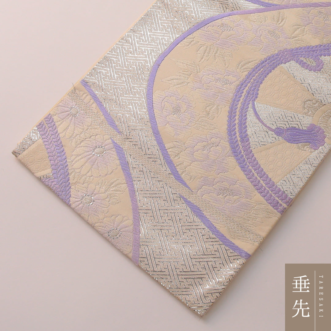 袋帯 帯丈428cm フォーマル 六通 Cランク 正絹 組紐 紗綾型 白系 銀系 1223-01901