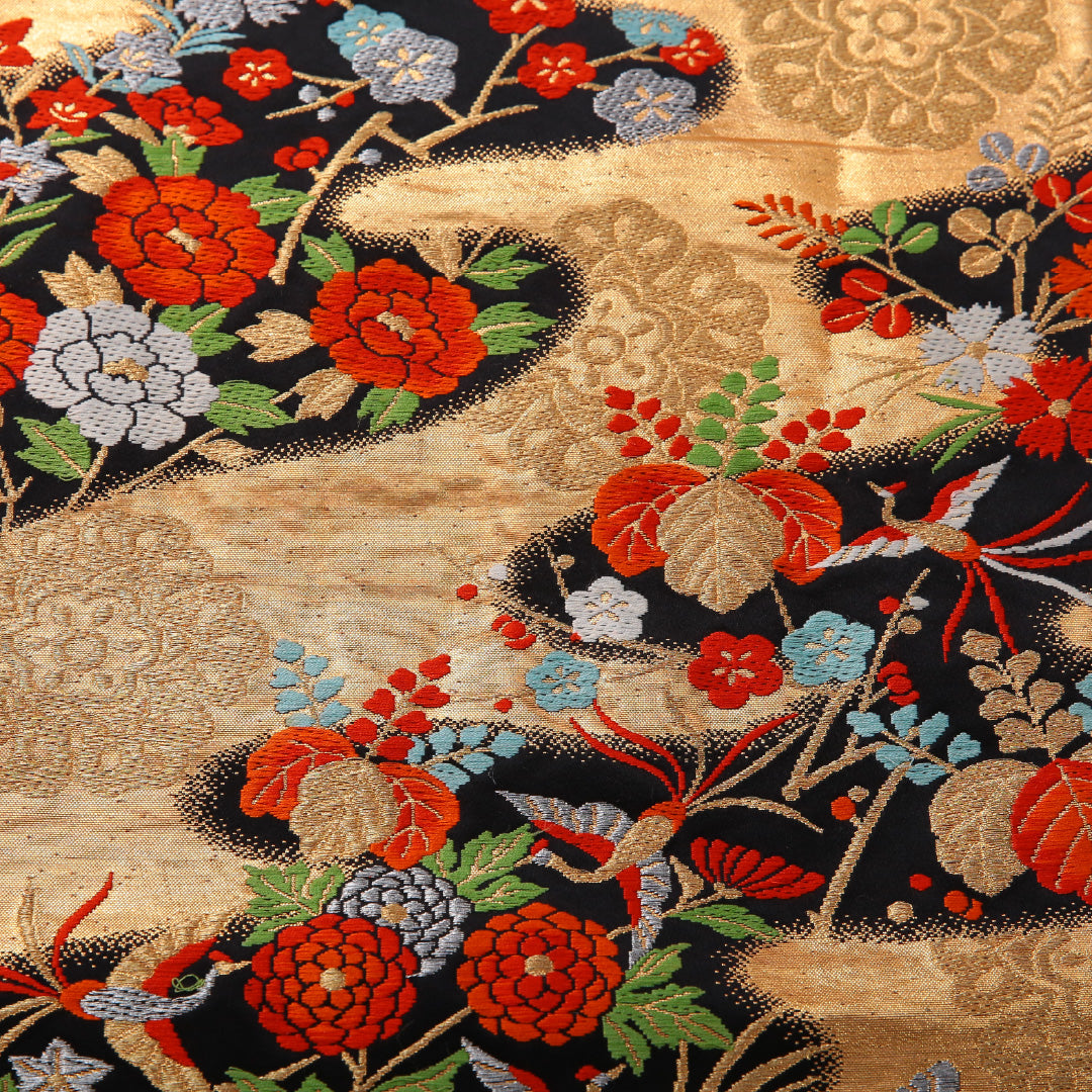 袋帯 帯丈414cm フォーマル 六通 Sランク 正絹 牡丹 桐 黒系 1223-01977