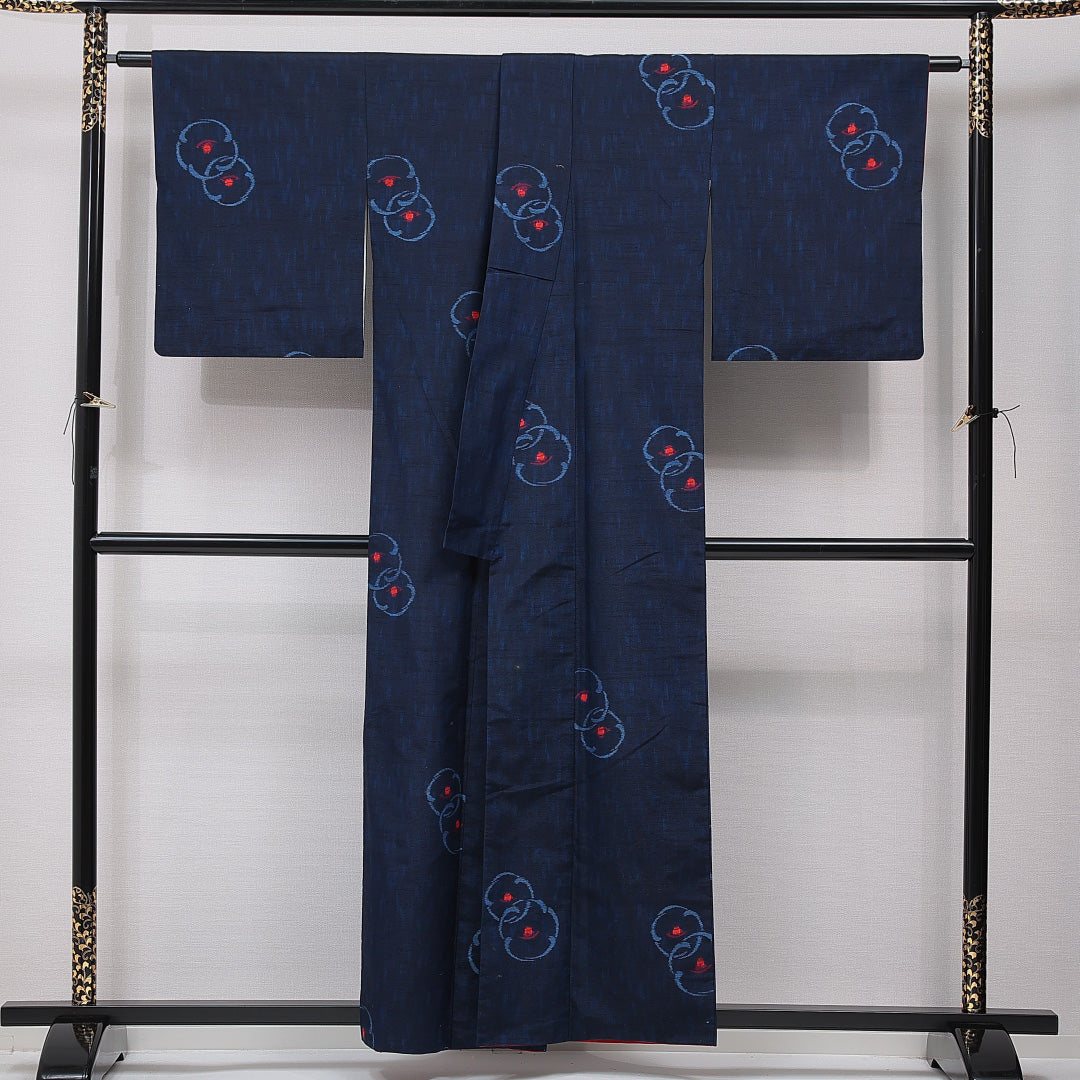 紬 袷 身丈153cm 裄丈63cm 正絹 Bランク カジュアル 広衿 Sサイズ 梅 紺系 HP 1223-15493