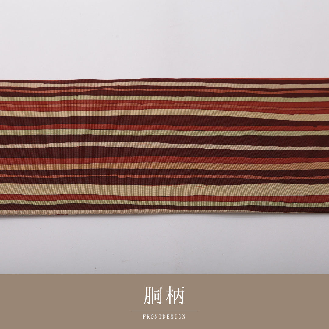 九寸名古屋帯 帯丈360cm カジュアル 名古屋仕立て 全通 Cランク 正絹 染め帯 縞 多色系 1224-03568