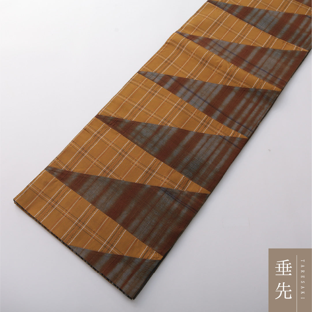 九寸名古屋帯 帯丈456cm カジュアル 開き仕立て 全通 リバーシブル Aランク 正絹 創作柄 黄系 グレー系 1224-03378