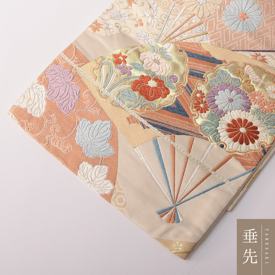 袋帯 帯丈428cm 正絹 六通 フォーマル 扇面文 古典柄 クリーム系 1243-01807