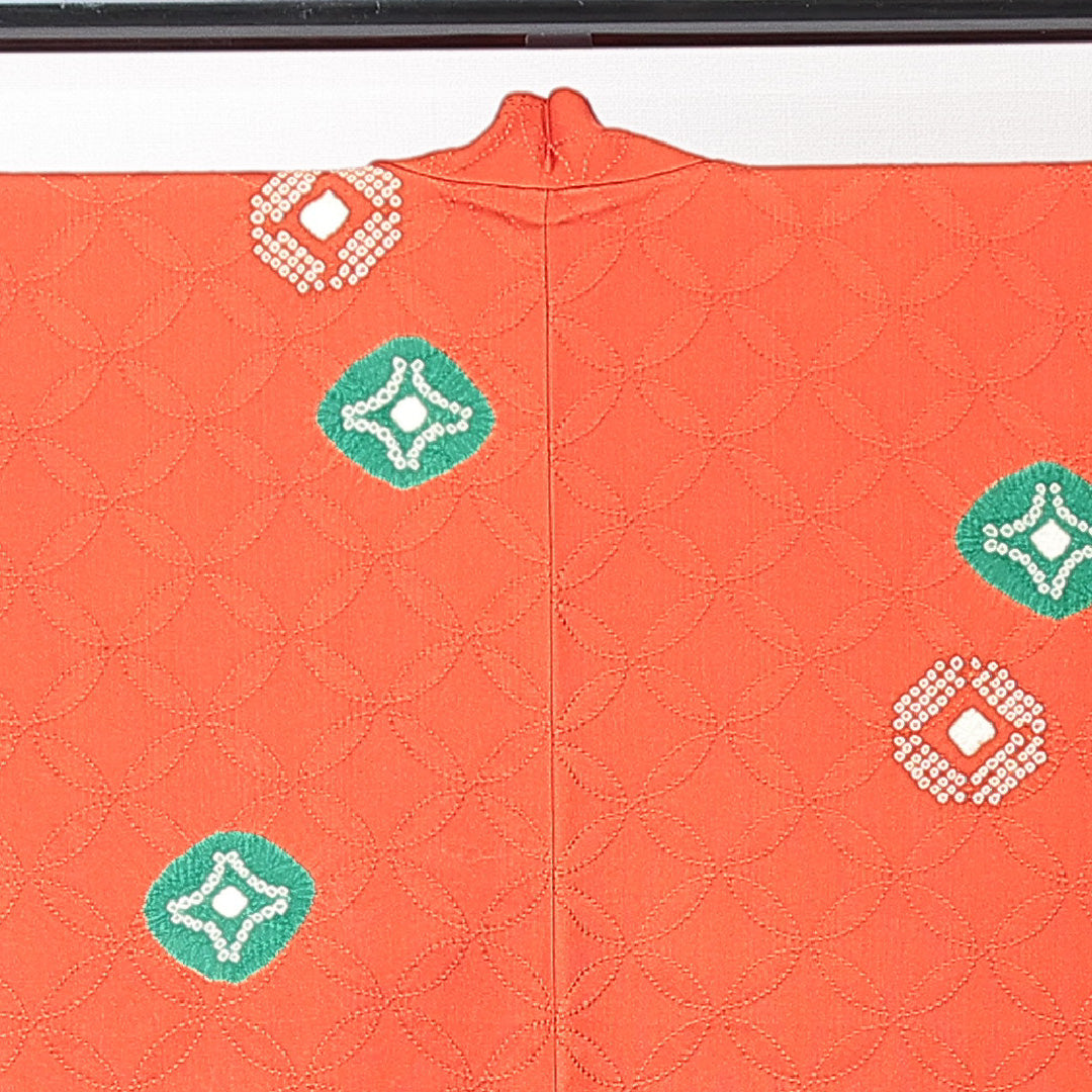 羽織 袷 身丈77cm 裄丈64cm 正絹 Sランク Mサイズ バチ衿 カジュアル 紐あり 鹿の子柄 七宝 朱系 1217-15138