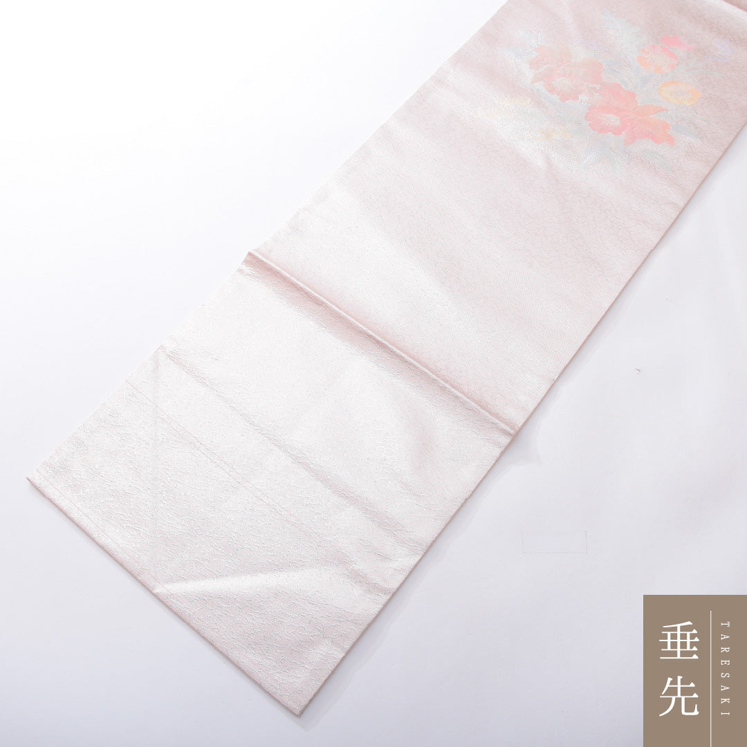 九寸名古屋帯 帯丈355cm インフォーマル 名古屋仕立て ポイント柄 Aランク 正絹 花柄 ピンク系 銀系 1224-03911