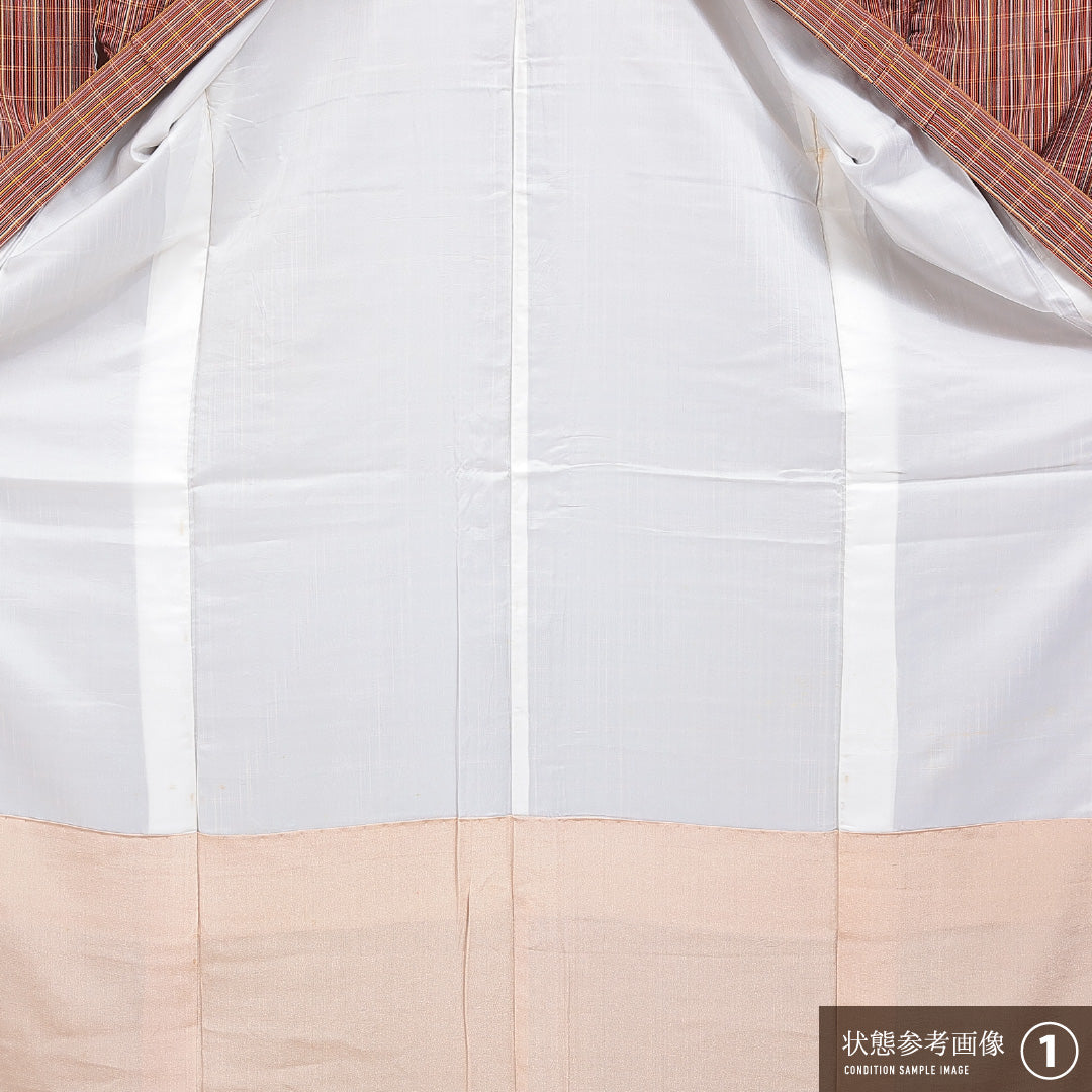 紬 袷 身丈148cm 裄丈64cm 正絹 Aランク カジュアル バチ衿 XSサイズ 格子 茶系 RP 1223-16214