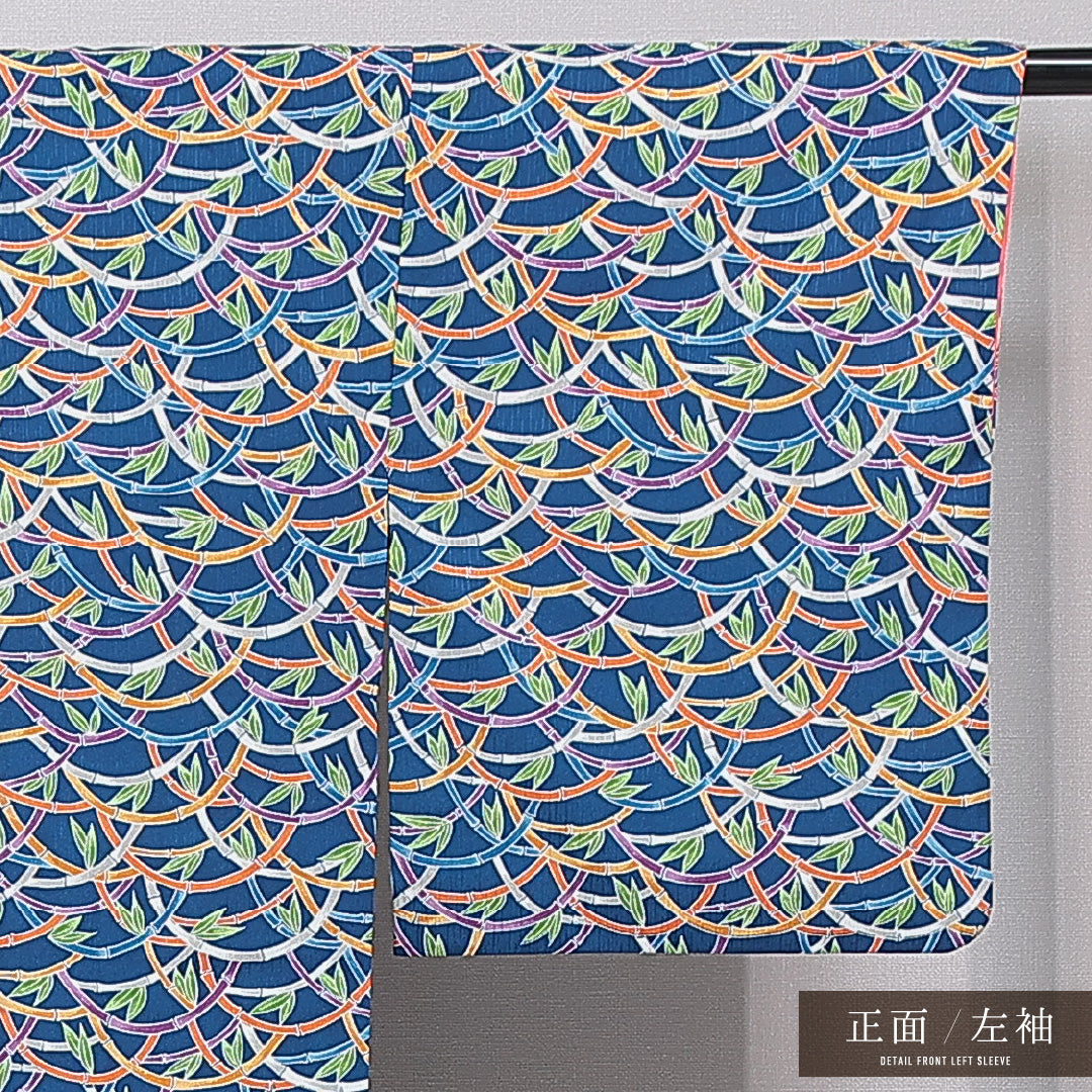 小紋 洗える着物 袷 身丈163cm 裄丈64cm ポリエステル Sランク Lサイズ 広衿 インフォーマル 竹 笹 青系 1215-15793