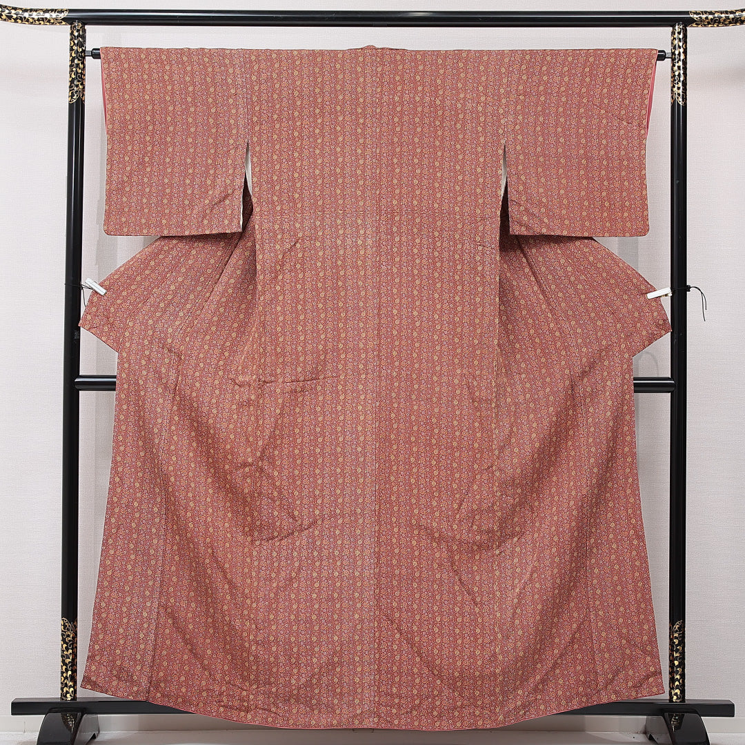 小紋 袷 身丈159cm 裄丈63cm 正絹 Aランク インフォーマル 広衿 Mサイズ 唐草 菊 茶系 RP 1221-15334
