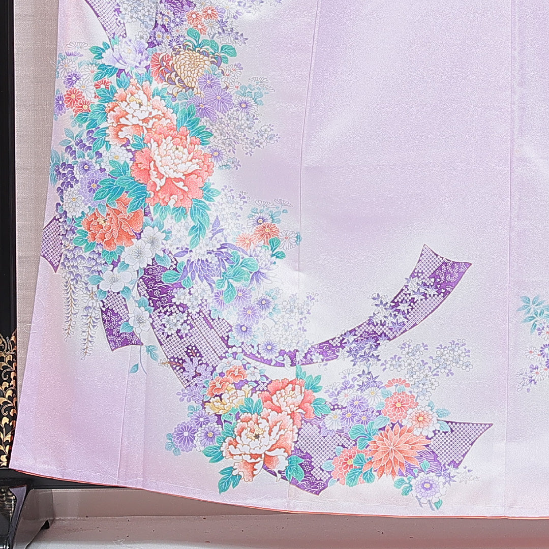 訪問着 洗える着物 袷 身丈164cm 裄丈64cm ポリエステル Aランク Lサイズ 広衿 セミフォーマル 熨斗 牡丹 紫系 1212-16213