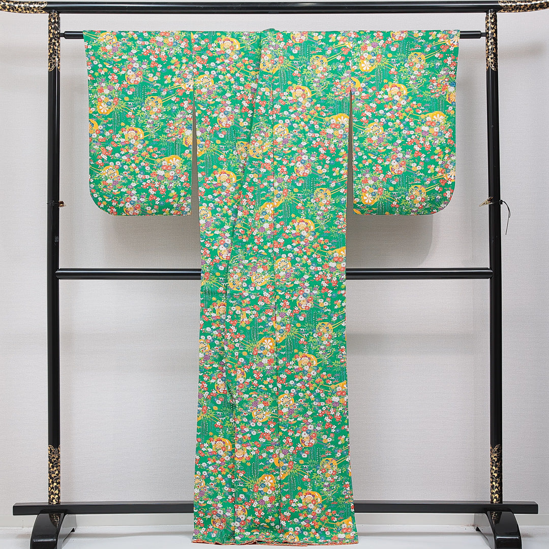 小紋 袷 身丈164cm 裄丈62cm 正絹 Sランク インフォーマル バチ衿 Lサイズ 花車 緑系 RP 1221-15342