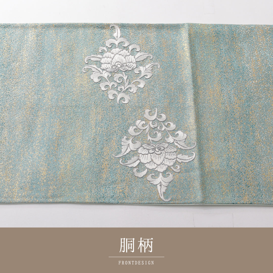 袋帯 帯丈440cm セミフォーマル ポイント柄 Aランク 正絹 引箔 唐華 緑系 1223-02133