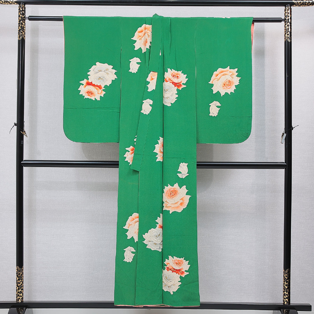 アンティーク 小紋 袷 身丈152cm 裄丈55cm 正絹 Cランク バチ衿 Sサイズ 金彩 薔薇 緑系 M4 1221-15494