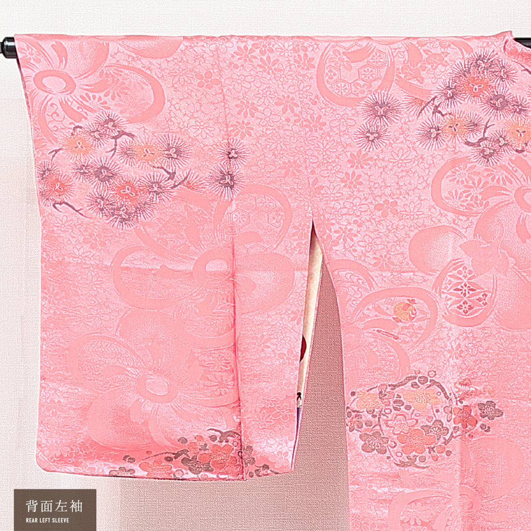 アンティーク 道行コート(お召) 袷 身丈98cm 裄丈65cm 正絹 Bランク Mサイズ ポケットあり 梅 ピンク系 1263-15276