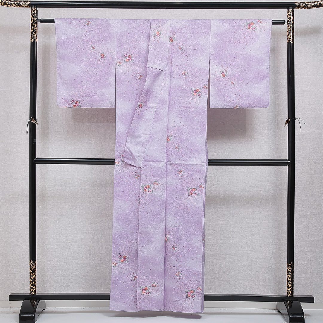 洗える着物 小紋 袷 身丈158cm 裄丈64cm ポリエステル Aランク インフォーマル 広衿 Mサイズ 古典柄 紫系 HP 1221-16057