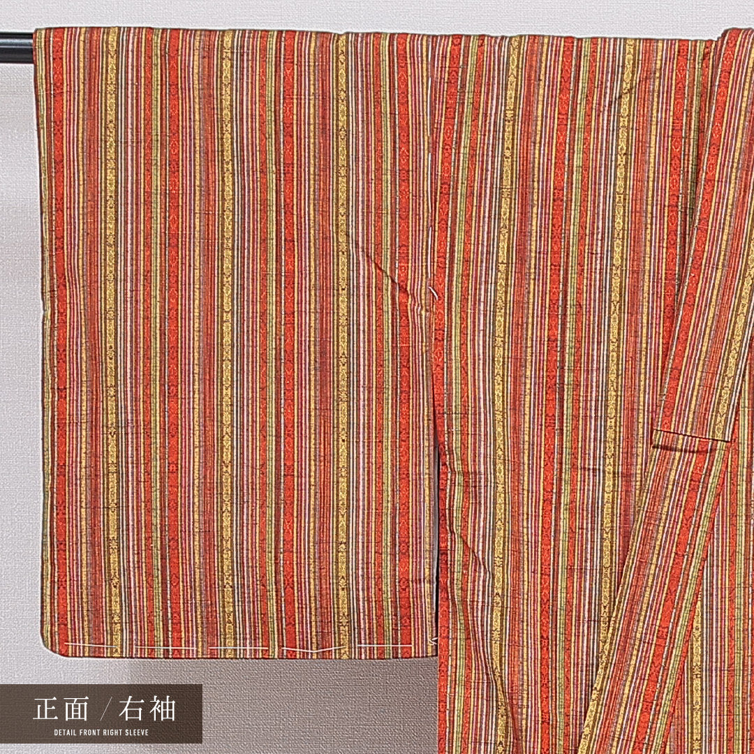 紬 袷 身丈151cm 裄丈64cm 正絹 Sランク カジュアル バチ衿 Sサイズ 薩摩間道 縞 伝統的 華やか 朱系 RP 1223-16645