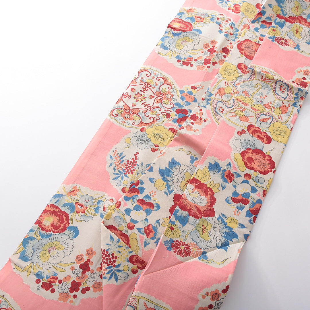 アンティーク 九寸名古屋帯 帯丈356cm 名古屋仕立て 全通 Bランク 正絹 染め帯 牡丹 ピンク系 1224-03880