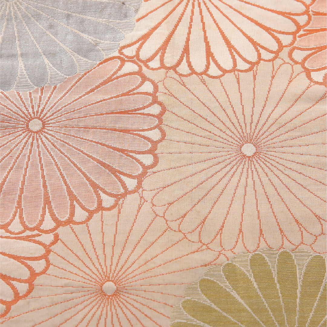 アンティーク 九寸名古屋帯 帯丈244cm 松葉仕立て 全通 Cランク 正絹 菊 クリーム系 1224-03815